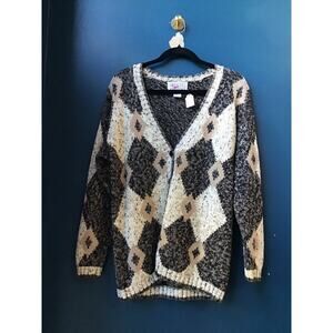 Gina Peters Button Up Cardigan Sweater Gray Tan Patterned Knit Women's Small